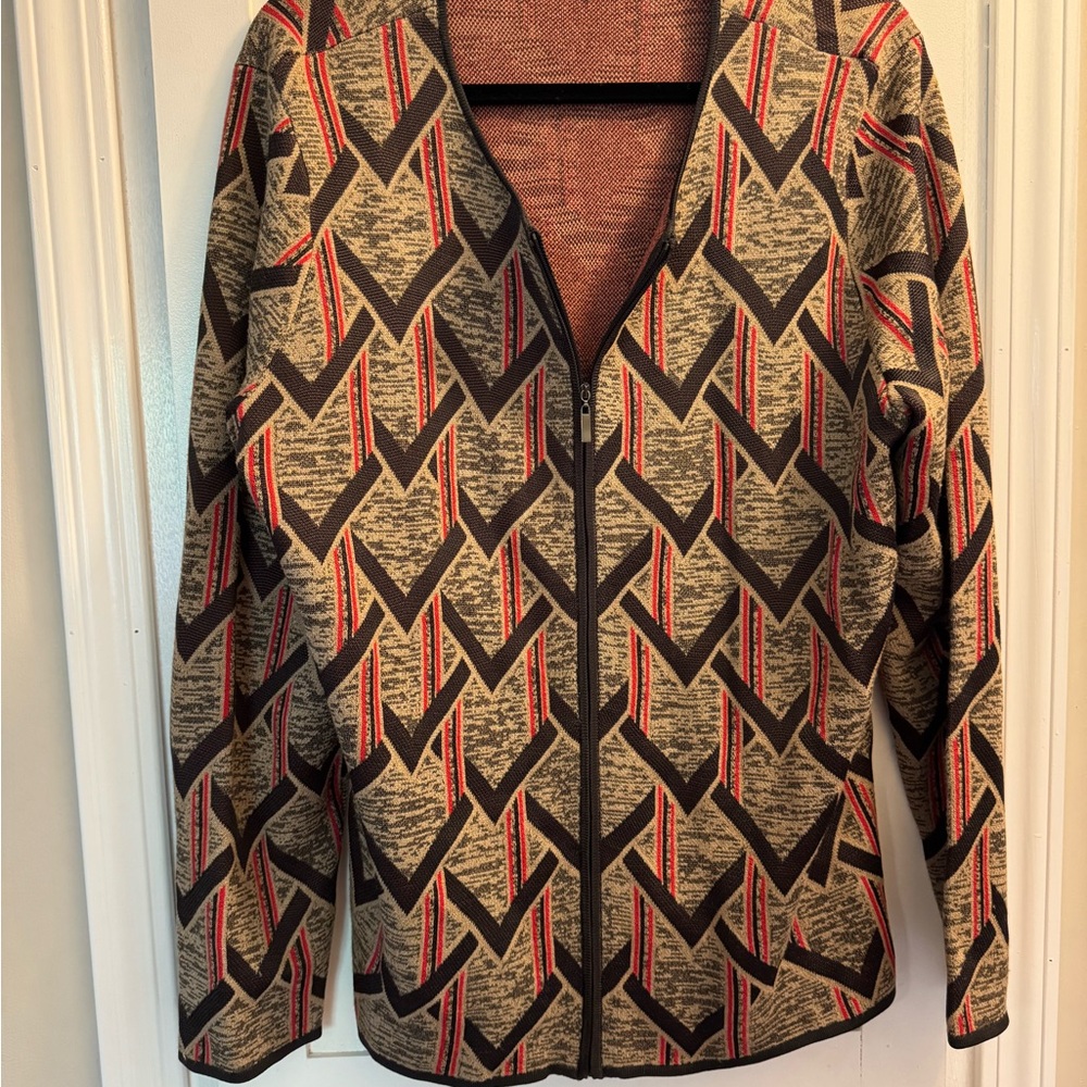 Jones New York Collection wm’s Sweater 2x Brown Full Zip Long Sleeve Geometric